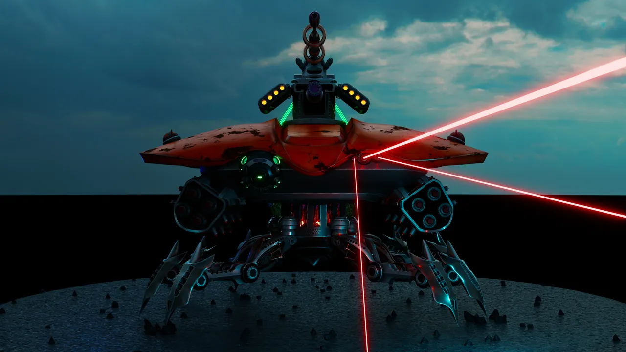 Crab mech firing lasers, close-up