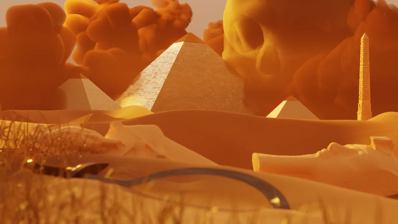 Desert pyramids under orange clouds