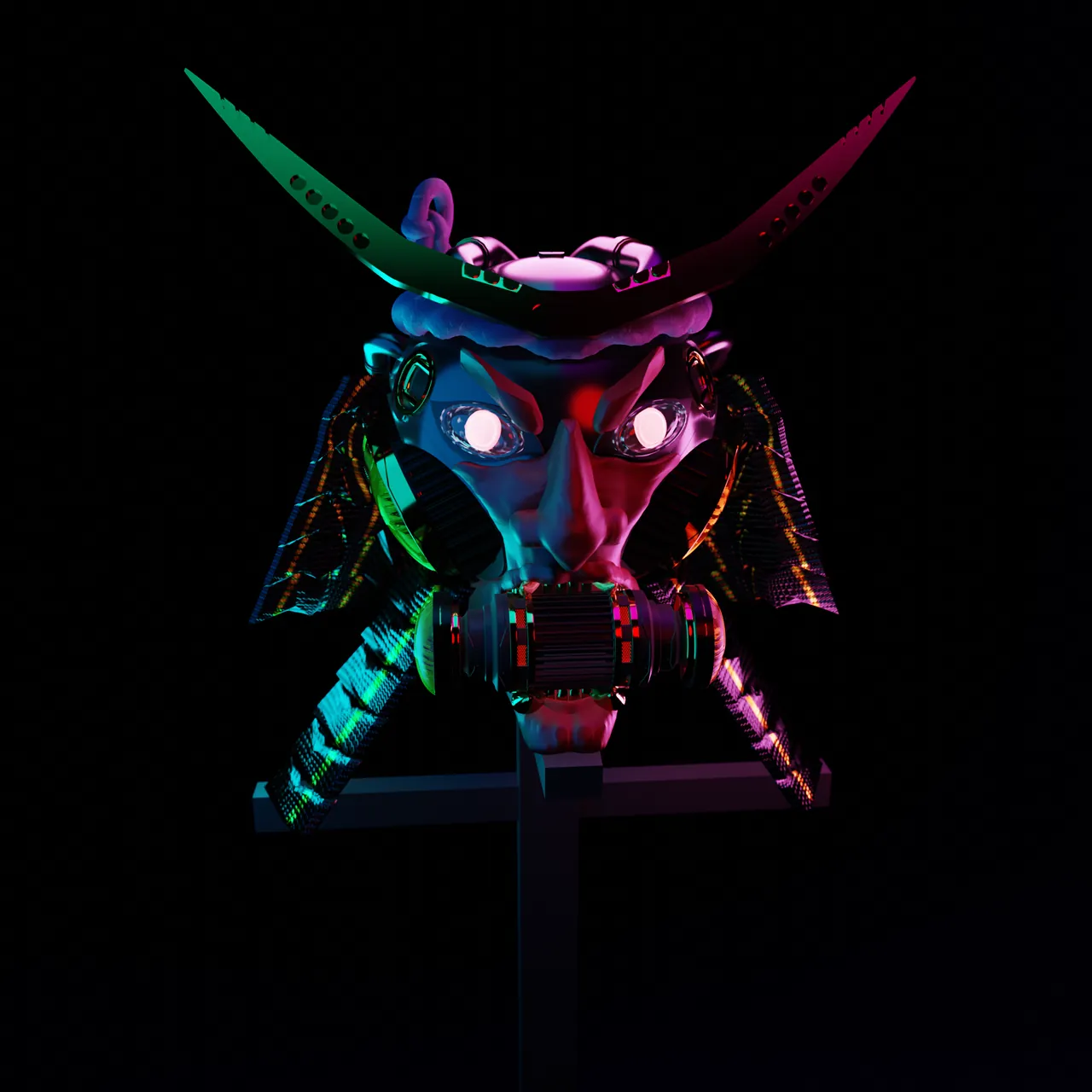 Neon samurai mask on a dark stand