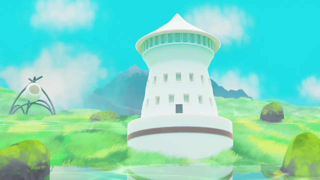 Stylised white tower on a green island