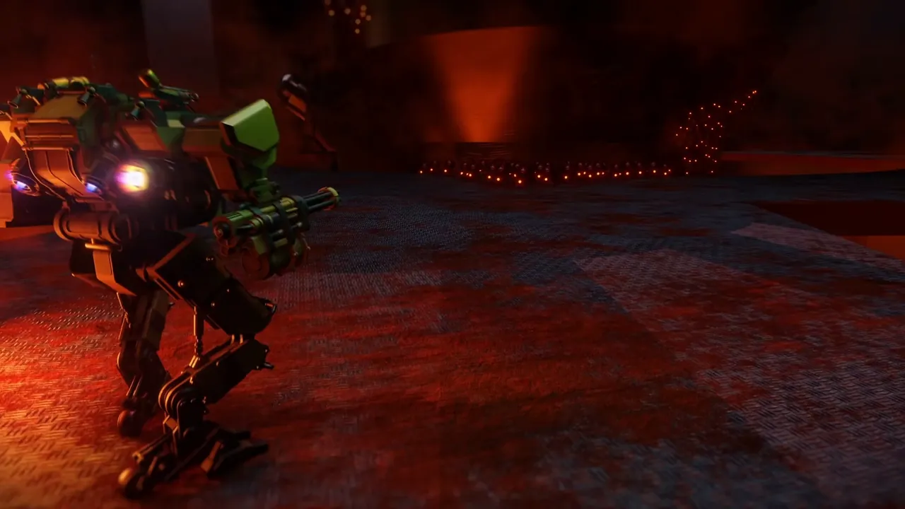 BOB stomping through a burning factory arena