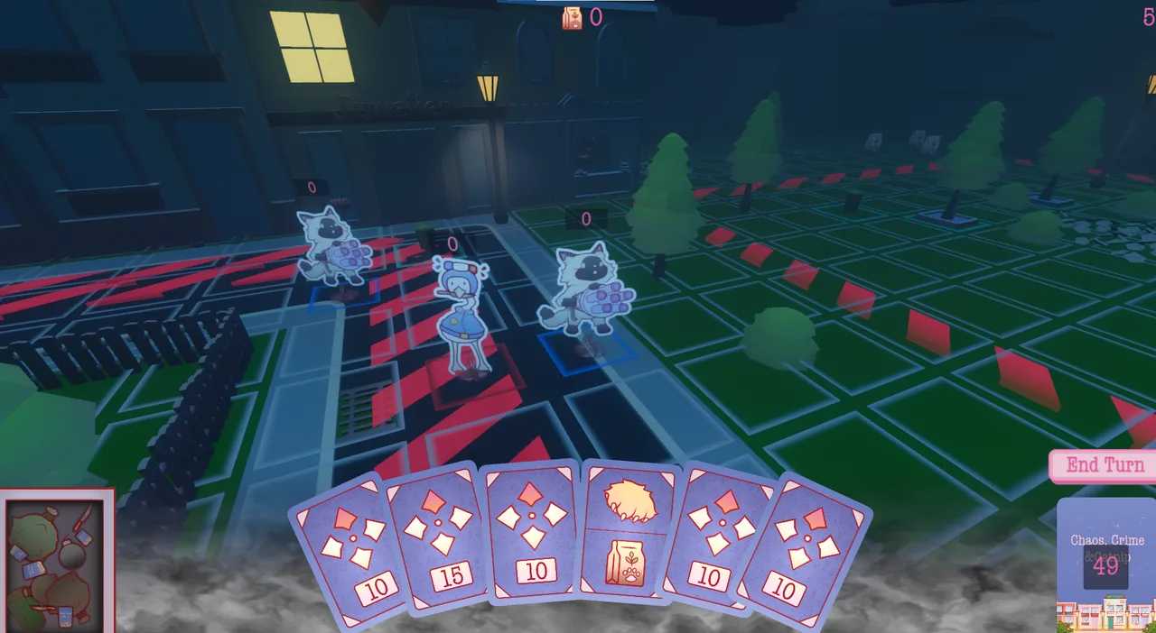 Night heist on the grid with a hand of action cards