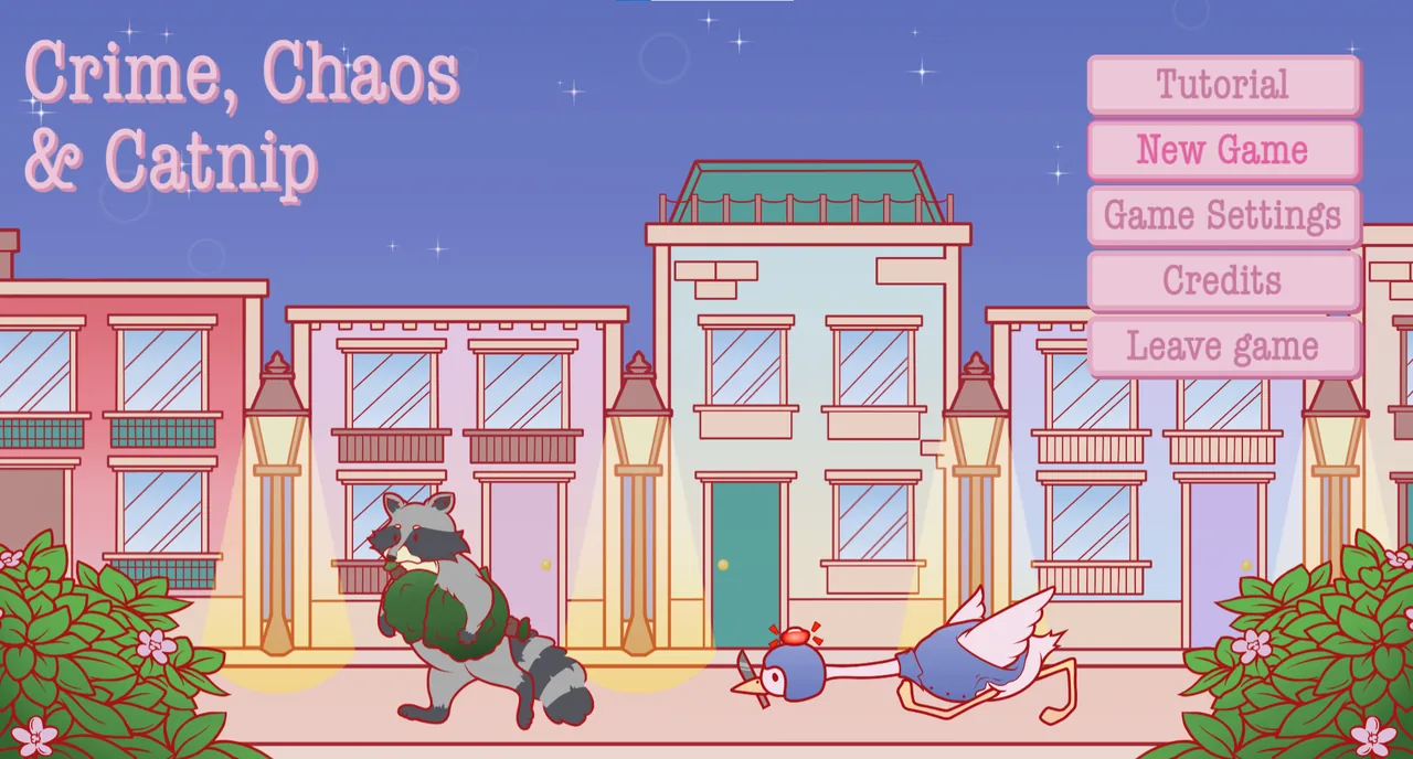 Title screen: a raccoon carries a catnip sack past a goose police officer