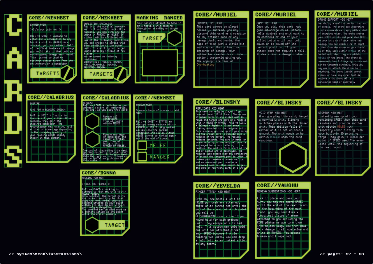 Core ability cards for each mecha type