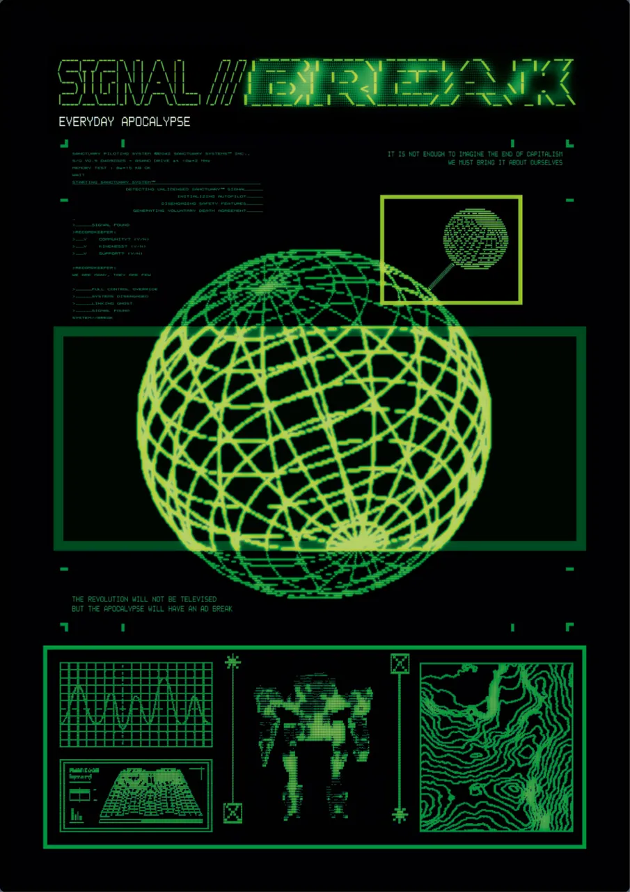 SIGNAL//BREAK cover: wireframe globe and mecha in green terminal style