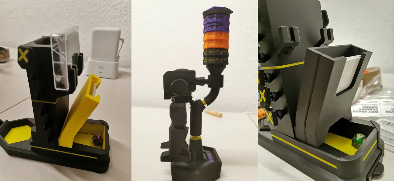 Printed mecha base with dice tower and card holder, and a mecha on its hex stand