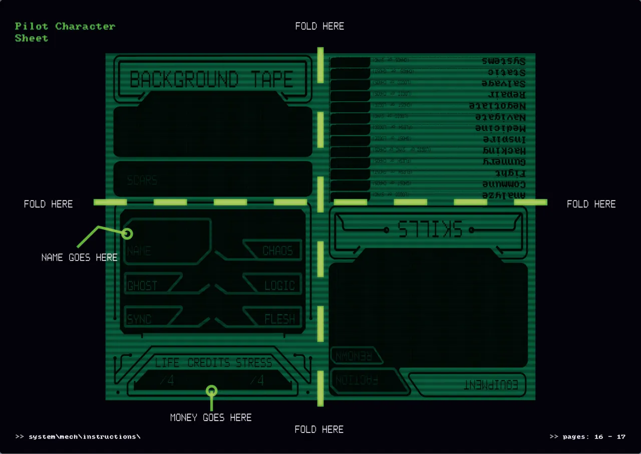 Foldable pilot character sheet