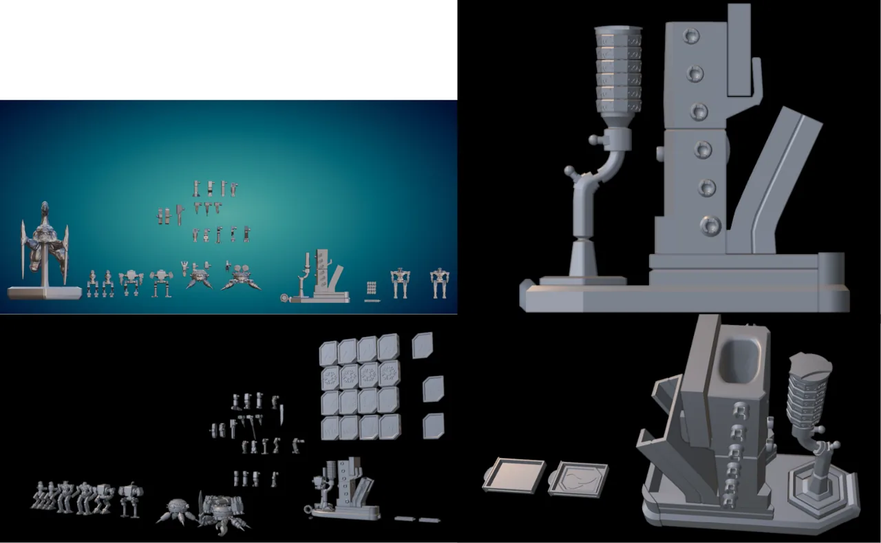 3D models of mecha, parts, armor plates and the mecha base